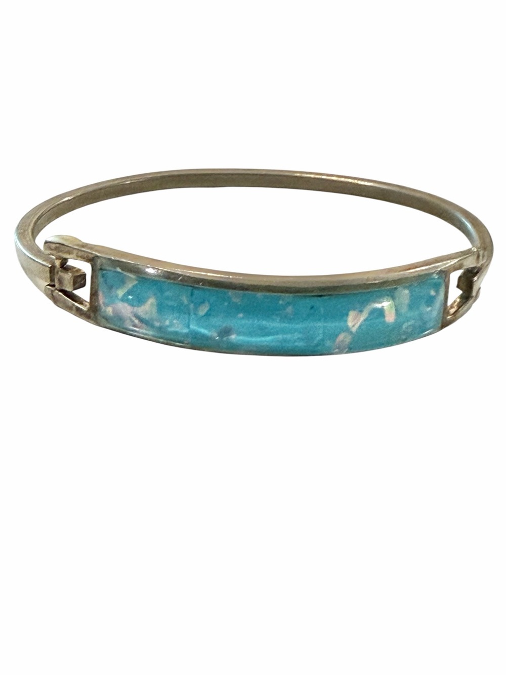 Vintage Mexican Alpacca Blue Fire Opal Mosaic Inlay Hinged Bangle Bracelet